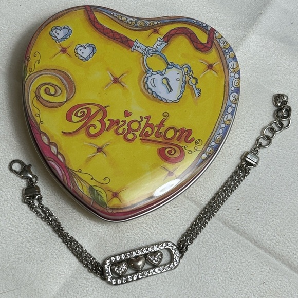 Brighton Kiss & Tell Bracelet Silver Plated Crystals 8" Triple Chain & Tin - Picture 2 of 9